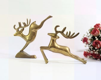 Vintage Pair Leaping Brass Deer with Antlers, Beautiful Gold Patina, Christmas Vignette or Year Round Home Decor