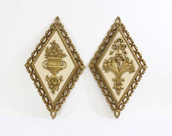 Vintage 70s Homco Gold Wall Plaques, Diamond Shaped Floral Decor