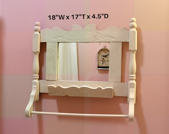 Vintage Shaving Mirror and Towel Bar with Small Razor Shelf 18&quot;W x 17&quot;T x 4.5&quot;D, Cream Color & Embossed, Shabby Arts Crafts Style