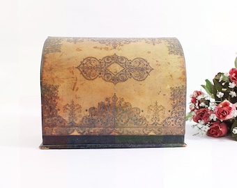 Vintage Ornate Humpback Covered Organizer with Hidden Storage, Tooled Leather Look, Victorian Style, Patterned Paper Back & Ends