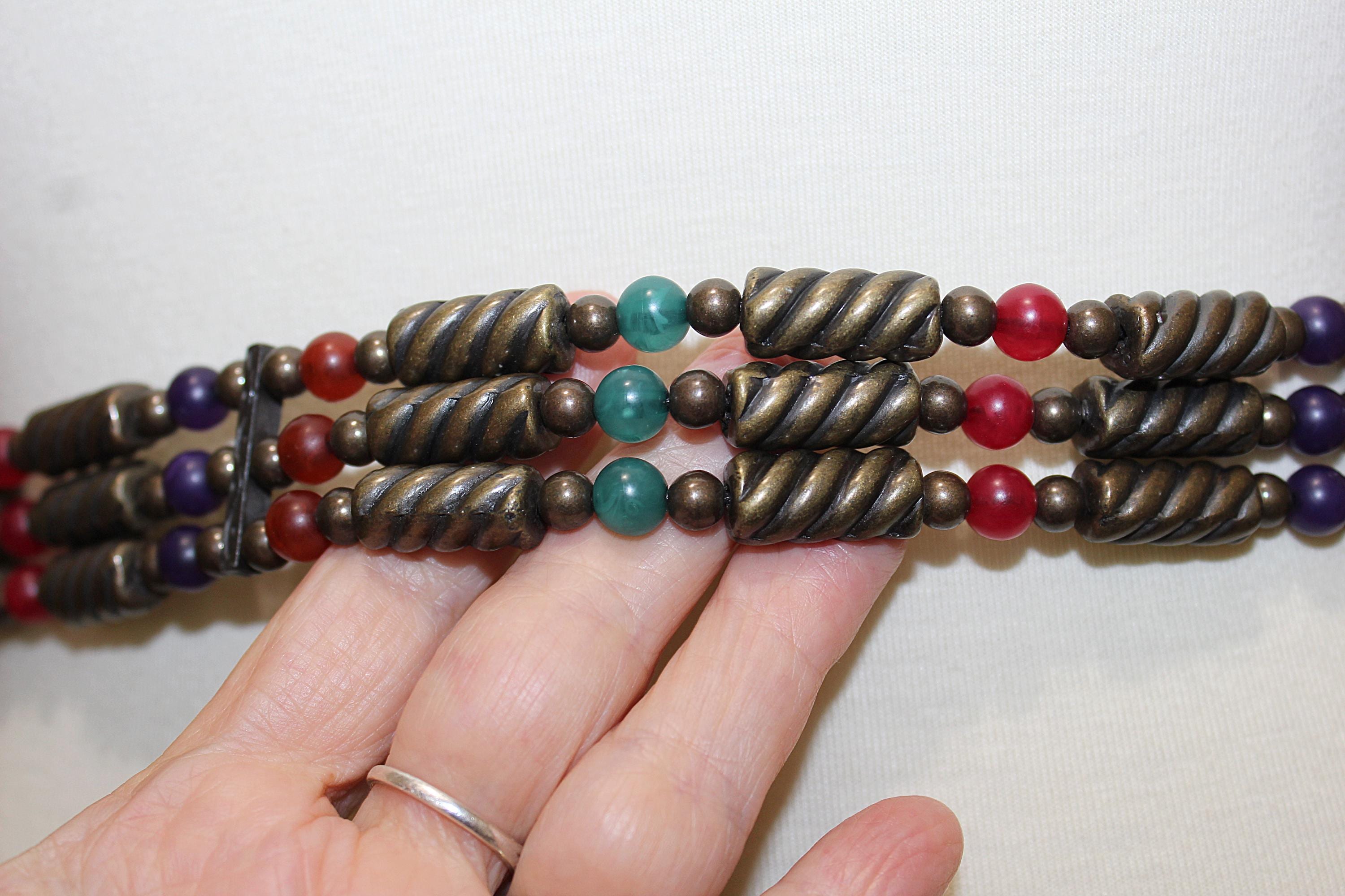 Vintage 80s Beaded Leather Belt: Western Buckle, Boho Style 