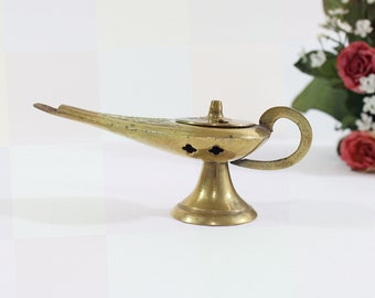 Vintage Aladdin&#39;s Lamp Cone Incense Burner Embossed Brass, 70&#39;s Era, Genie Lamp Incense Burner 5&quot;L, Nice Gold Patina