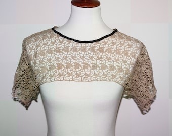Victorian Crochet Half Blouse with Sleeves & Black Velvet Neck Trim, Ecru Lace