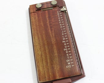 Vintage Bates List Finder Model A, Mostly Empty, Pop-Up Address Book by Letter, Brown Wood Grain Metal Case