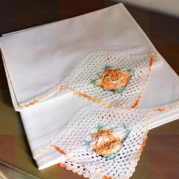 Pair Vintage Pillowcases with Yellow & White Crochet Floral Edging 40s Era, Very Nice!