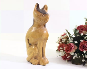 Vintage Folk Art Cat Sitting on Haunches Carved from Solid Wood with Various Wood Knots, Signed