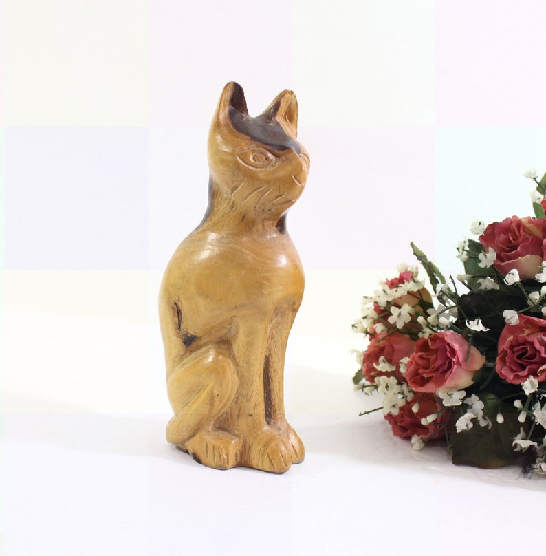 Vintage Folk Art Cat Sitting on Haunches Carved from Solid Wood with Various Wood Knots, Signed image 1