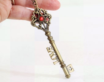 Vintage Ornate Love Faux Key Keyring with Red Stone