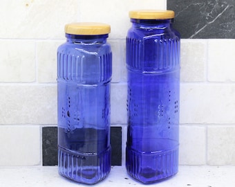 Tall Embossed Blue Glass Jars/Canisters with Wooden Lids, Triangular Shape, 12" & 11"T