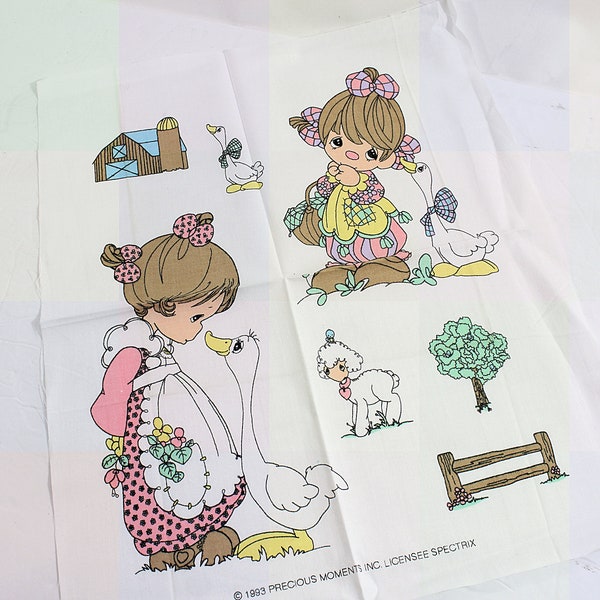 Single Vintage Fabric Sheet Precious Moments Goose & Girl Figures 1993, for Craft Projects 18.5" x 15"