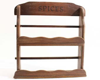 Especiero vintage de madera de 2 estantes con la palabra "especias" en la parte superior, mesa o montaje en pared, no hecho para botellas grandes