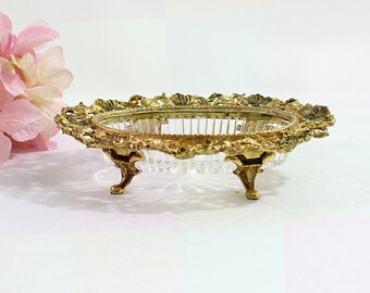 Vintage Matson Ormolu Footed Soap Dish, Hollywood Regency Style, Fancy Gold Bathroom Decor, Trinket Dish