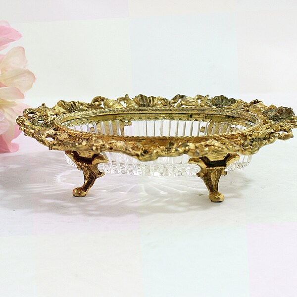 Vintage Matson Ormolu Footed Soap Dish, Hollywood Regency Style, Fancy Gold Bathroom Decor, Trinket Dish