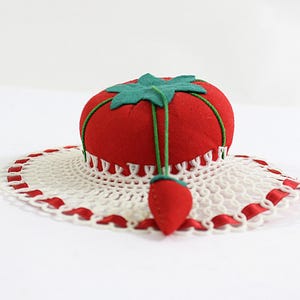 Vintage Tomato Pincushion with Skirt to Anchor 6"W, Stationary Pincushion Red & White
