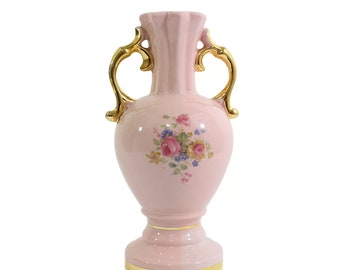 Vintage Pink Ceramic Floral Lamp Base with Gold Handles & Gold Rim Around Base, Just Add Wiring to Make New Lamp for Women or Girls