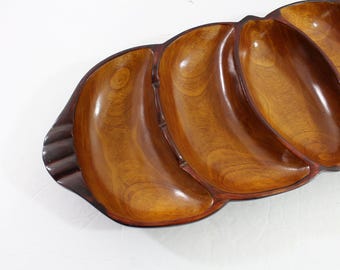 Vintage Teak Divided Serving Tray: High Gloss Wood Grain