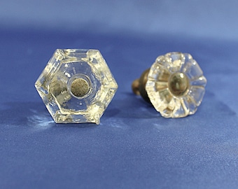 Vintage Mismatched Glass Knobs/Pulls with Screws (2), Different, Flower Shape & Larger Hexagonal Shape
