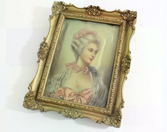 Vintage Victorian Style 5 x 7 Framed Portrait of Lady with Pompadour, Under Glass in Ornate Gold Frame (Plastic)