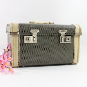 May include: A rectangular dark brown hard-shell suitcase with a textured surface, cream-colored trim, and two silver-toned metal latches on the front. The suitcase features a top handle and is positioned next to a small cluster of pink flowers.