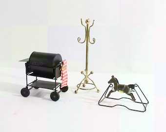 Dollhouse Miniatures Black Grill with Red Check Towel, Metal Grate, Lid that Opens, Rocking Horse & Brass Hall Tree, Made in Taiwan