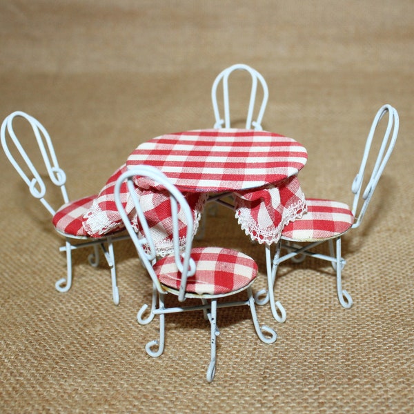 Vintage Ice Cream Parlor Table & Chairs Set with Red and White Check Fabric, Miniature Wire Bistro Set, Dollhouse Furniture or Fairy Garden