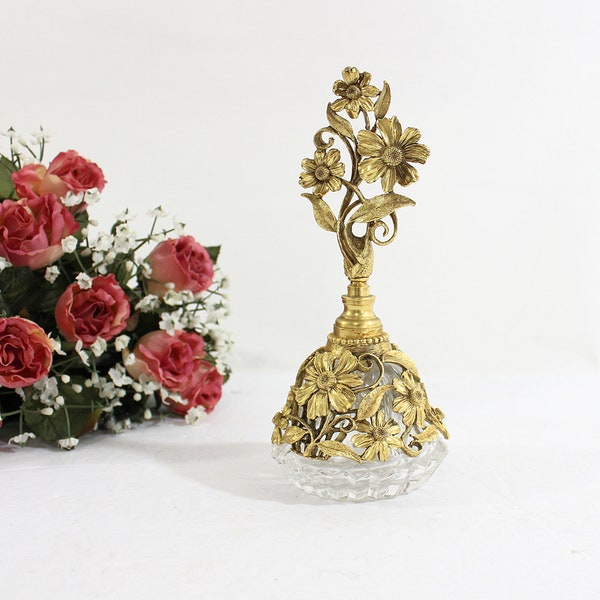 Vintage Victorian Style Ornate Gold Matson Ormolu Perfume Bottle with Glass Dauber 7"T x 3"W, Signed