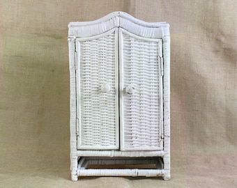 Small White Wicker Cabinet Wall Mount or Tabletop for Bathroom, Store Doll Clothes or Jewelry 14.75"T x 9"W x 5.5"D, Shabby Chic Style