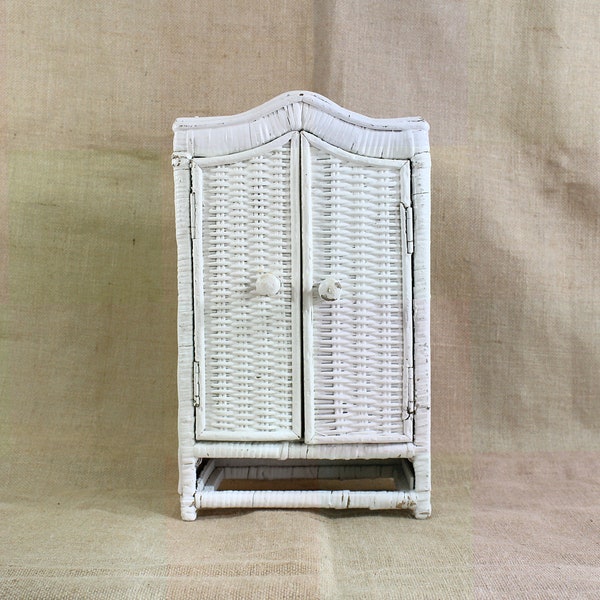 Small White Wicker Cabinet Wall Mount or Tabletop for Bathroom, Store Doll Clothes or Jewelry 14.75"T x 9"W x 5.5"D, Shabby Chic Style