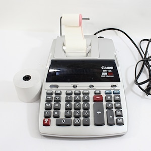 Retired WORKING Canon MP11DX Business Calculator with 2 Extra Paper Rolls, NEEDS INK, Adding Machine with Clock & Calendar, Prints 2 Colors