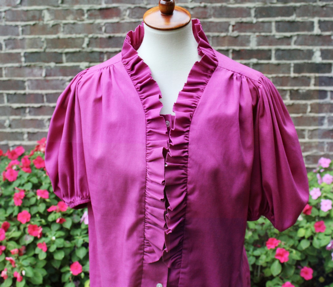 Vintage Hot Pink Fuchsia Square Dance Blouse With Ruffled Button Front