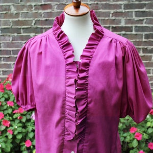 Vintage Hot Pink Fuchsia Square Dance Blouse with Ruffled Button Front, Gathered Elastic Sleeves, Pitchfork Brand, Size Medium