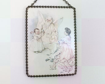 Victorian Style Vintage Flue Cover Wall Hanging with Chain Frame, Sweet Mother Baby & Angel Theme, Rectangular 7.5" x 5.5"