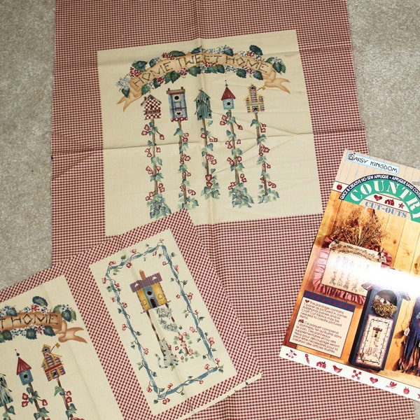 Vintage Daisy Kingdom Home Tweet Home Country Cutouts Project with Bird Houses on Red Check Fabric, Make Pillows Banner Purse & More