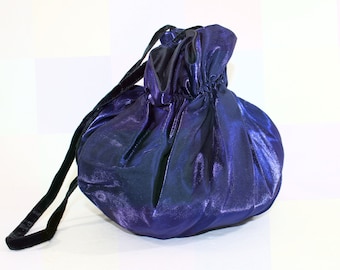 Vintage Handmade Midnight Blue Satin Drawstring Purse, Lined, Drawstring Cloth Handbag for Square Dance Costume, Victorian Bag