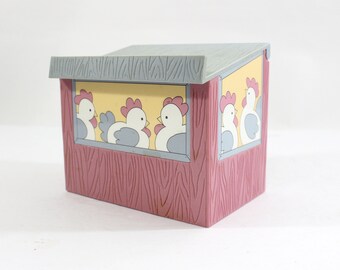 Vintage Recipe Box Faux Wood Grain, Pink & Gray Plastic, Farmhouse Chickens Design with Matching Recipe Cards 3" x 5"