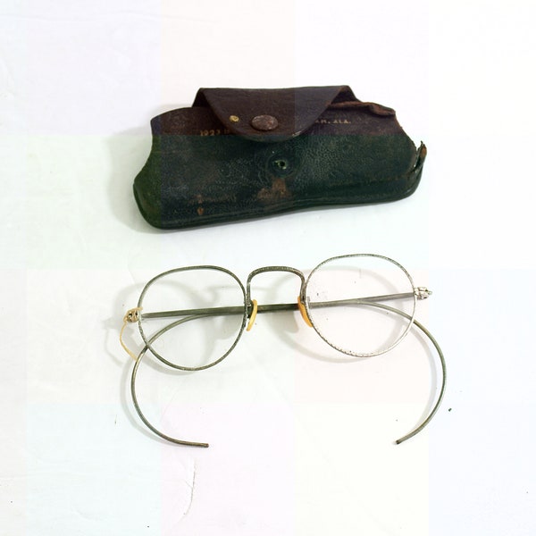 Antique Wire Rim Eyeglasses with Nose Pads & Leather Case, Uhrig Optical, Birmingham, Alabama