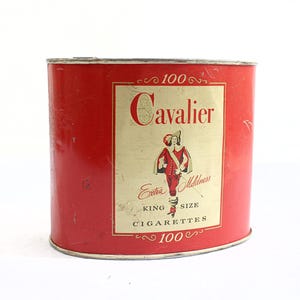 Vintage Cavalier King Size Cigarette Tin with Stamps on Bottom, Oval Red Tin, Tobacciana, 40s Era