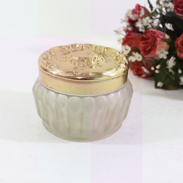 Vintage Frosted Glass Trinket Jar with Ornate Victorian Style Gold Tone Plastic Lid Heavily Embossed with Swirls and Curlicues