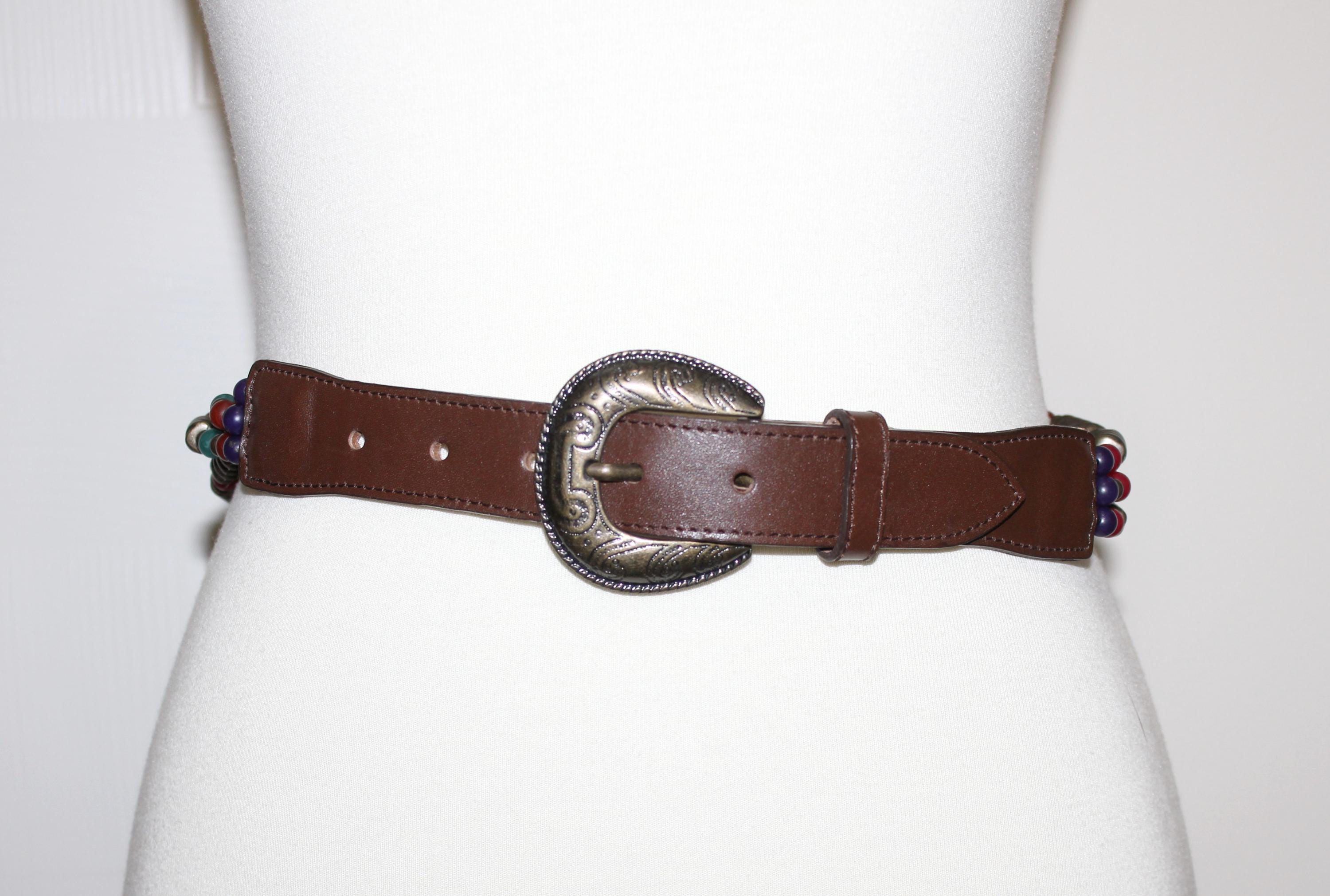 Vintage 80s Beaded Leather Belt: Western Buckle, Boho Style  display picture 1
