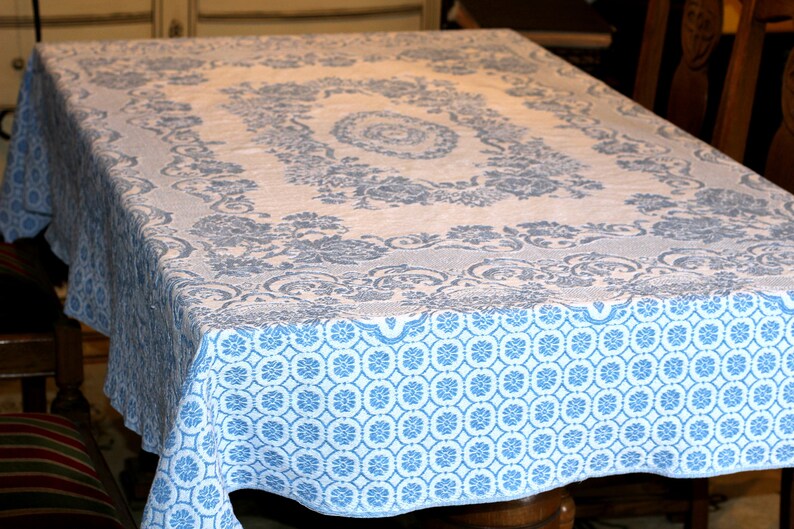 Jacquard Blue and White Toile-Look Tablecloth or Bed Coverlet | Etsy