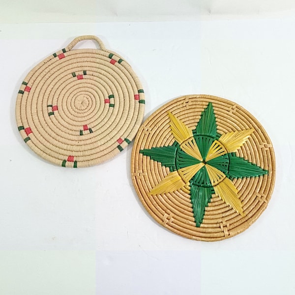 Vintage Boho Woven Table Mats/Decorative Straw Trivets/Hot Pads (2), Eclectic Wall Decor