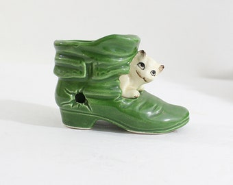 Vintage Cat in Green Boot Figurine, Made in Japan, 50's Era, White Cat Figure