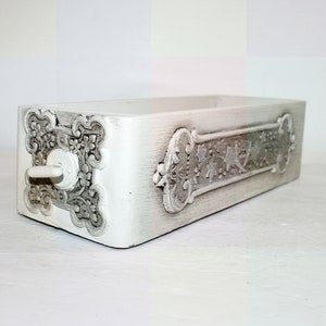 Vintage Wooden Sewing Machine Drawer with Lots of Details, Painted White with Brown Highlights 13.5"L x 5"W