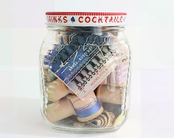 Vintage Glass Jar Full of Old Wooden Thread Spools & Other Retro Sewing Supplies