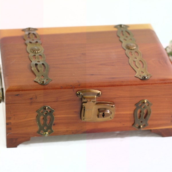 Vintage Wooden Cedar Chest with Metal Trunk Hardware & Handles on Sides, 40s Era, Papered Interior and Mirror in Lid, Old Cigar Box