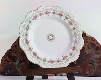Vintage Limoges Porcelain Plate: A. Lanternier Pink Roses, Gold Rim (10 inch)