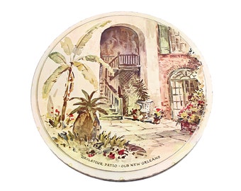 Vintage Fruit Cake Tin 10"W Large Round Tin with Brulatour Patio & French Quarter Old New Orleans Scenes 70s Era