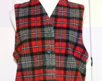 Ladies Vintage Eddie Bauer Red Plaid Wool Button Down Vest V Neck Size Large