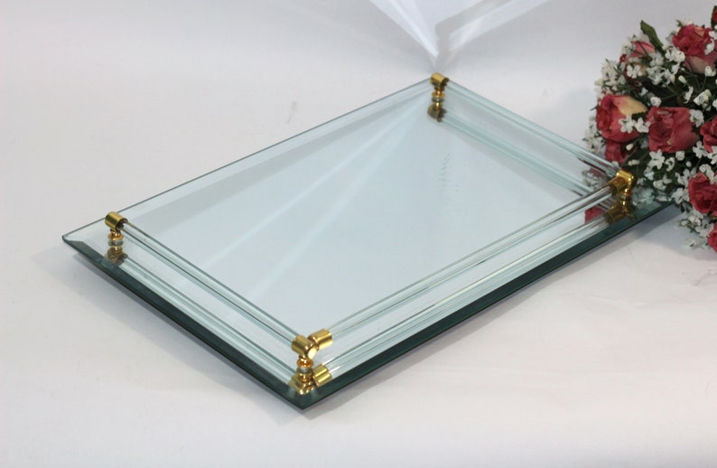Vintage Mirror Vanity Tray Cosmetic Perfume Footed Beveled Edges Gift For Her Home Decor