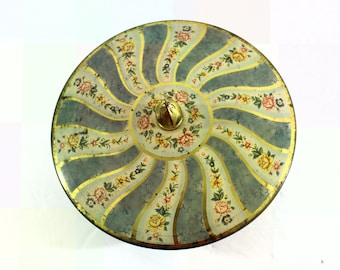 Vintage Round Blue Floral Tin with Gold Knob & Swirly Design, Old British Biscuit Tin 7"W x 5"T, Made in England, Easy On/Off Lid